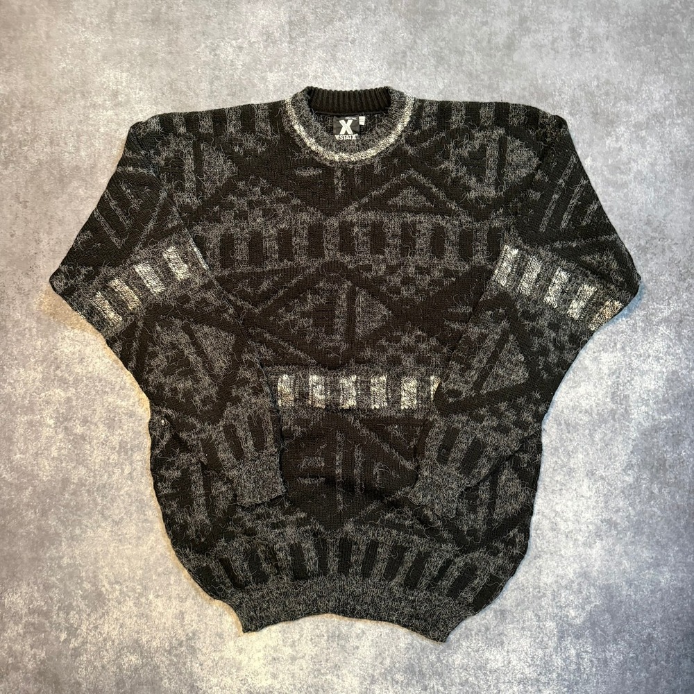Vintage XSTATX Men 2XL Tall Black Gray Geometric Fuzzy Knit Crewneck Sweater USA